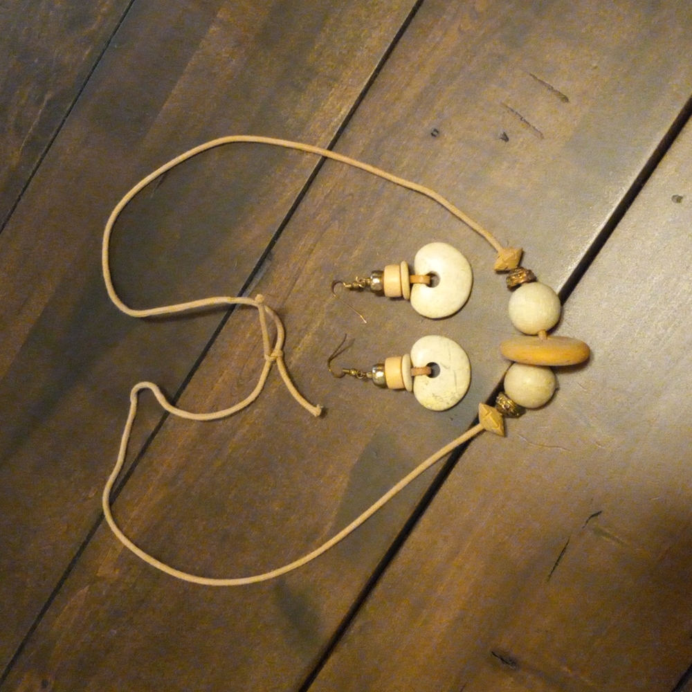 Natural stone and wood bead necklace and earring set